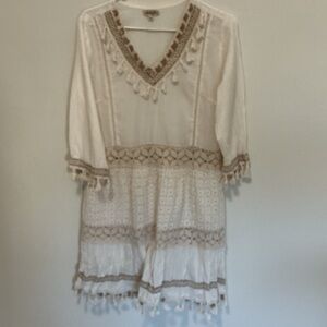 Cream Boho Tassel Tunic Dress with Tan Trim